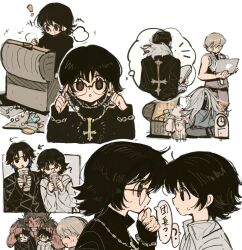  ! +++ 1girl 3boys :o ? arrow_(symbol) black_eyes black_hair black_shirt black_sweater blonde_hair blue_eyes bracelet brown_eyes bubble_tea chain chain_bracelet chinese_commentary chrollo_lucilfer collared_shirt commentary_request cross cross_necklace cross_print drink earrings headband highres holding holding_drink hunter_x_hunter index_fingers_raised inverted_cross inverted_cross_necklace jewelry korutopi long_sleeves looking_at_another looking_at_viewer mangmuze multiple_boys multiple_views necklace red-framed_eyewear shalnark shirt shizuku_murasaki short_hair simple_background sleeves_past_fingers sleeves_past_wrists speech_bubble sweatdrop sweater talking thought_bubble translation_request treasure treasure_chest upper_body uvogin white_background white_headband white_shirt 