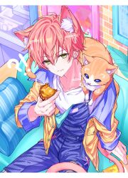  !? 1boy animal animal_ears blue_eyes cat cat_ears ccff33 commentary crumbs earrings eating food from_above green_eyes highres holding holding_food jewelry light_blush looking_at_viewer male_focus orange_cat overalls project_sekai shinonome_akito shirt solo symbol-only_commentary tail white_shirt 