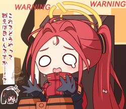  2girls black_gloves black_hair black_halo blue_archive blush censored censored_identity chibi chibi_inset chibi_only commentary_request donkey_kong donkey_kong_(series) gloves halo hana_kazari hands_up highres jacket long_hair long_sleeves multiple_girls o_o open_mouth ponytail red_hair red_jacket rio_(blue_archive) sparkle sweat teardrop translation_request upper_body yellow_halo yuzu_(blue_archive) 