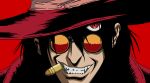  1boy alucard_(hellsing) artist_request black_hair bullet coat glasses grin hat hellsing looking_at_viewer male opaque_glasses red red_eyes solo sunglasses 