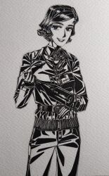  1girl absurdres belt_around_waist belt_buckle black_gloves black_jacket bob_cut bordfunker133 breasts buckle collared_shirt cowboy_shot cross curly_hair dress_shirt gloves greyscale grin heinz-wolfgang_schnaufer highres holding iron_cross jacket leather_belt long_sleeves looking_at_viewer luftwaffe monochrome nazi original pants photo_(medium) real_life reichsadler schnaufer-chan_(bordfunker133) shirt short_hair simple_background small_breasts smile solo standing swastika world_war_ii 