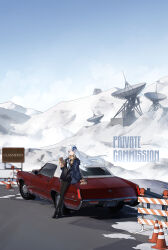  1girl :o absurdres arm_support arnold-s bag black_pantyhose black_sailor_collar black_serafuku black_shirt black_shoes black_skirt blue_bow blue_eyes blue_jacket blue_sky bow brown_scarf cadillac cadillac_eldorado car chinese_commentary clouds commentary_request commission crossed_legs day english_text floating_hair full_body grey_hair guard_rail hair_between_eyes hair_bow highres holding holding_bag jacket leaning_against_vehicle license_plate loafers long_hair long_sleeves looking_at_viewer motor_vehicle mountainous_horizon neckerchief open_clothes open_jacket original outdoors pantyhose paper_bag parted_lips plaid_clothes plaid_scarf pleated_skirt radar_dish red_car road sailor_collar scarf school_uniform serafuku shirt shoes skirt sky snow solo standing traffic_cone very_long_hair white_neckerchief 