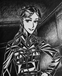  1girl absurdres belt_buckle bordfunker133 breast_pocket buckle collar_tabs commentary_request cross friedrich_rumpelhardt genderswap genderswap_(mtf) greyscale grin hand_on_own_hip highres iron_cross jacket leather_belt lips lipstick long_hair long_sleeves looking_at_viewer luftwaffe makeup military military_uniform monochrome nazi nazi_party_pin original photo_(medium) pocket real_life rumpelhardt-chan_(bordfunker133) shoulder_boards smile solo swastika upper_body world_war_ii 