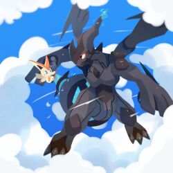  1258265894 blue_eyes blue_sky clouds colored_sclera commentary_request flying looking_at_another outdoors pokemon pokemon_(creature) red_sclera sky victini zekrom 