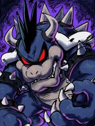  1boy armlet black_collar black_hair blue_skin collar colored_skin dark_bowser highres horns jewelry male_focus mario_&amp;_luigi:_bowser's_inside_story mario_&amp;_luigi_rpg official_style purple_background red_eyes sharp_teeth simple_background solo spiked_armlet spiked_collar spiked_shell spiked_tail spikes super_mario_bros. tail teeth turtle_shell yamari_(ya_mari_6363) 