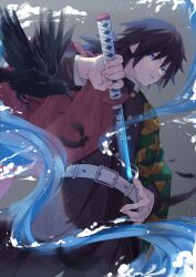  1boy belt bird black_hair black_jacket black_pants blue_eyes buttons cowboy_shot crow demon_slayer_uniform empty_eyes gold_buttons hair_between_eyes haori high_collar highres holding holding_sword holding_weapon jacket japanese_clothes kanzaburou_(kimetsu_no_yaiba) katana kikkoumon kimetsu_no_yaiba long_hair looking_at_viewer low_ponytail male_focus pants parted_lips ponytail print_haori purimo_(xxxmofmof) red_haori solo spiky_hair sword sword_writing tomioka_giyuu water weapon white_belt 