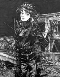  1girl ak-74 assault_rifle belt belt_around_waist belt_pouch black_gloves bonnet bordfunker133 breasts bullet_hole camouflage camouflage_pants debris digital_camouflage evgenia_blinova first_aid_pouch gloves greyscale grin gun gun_sling hat highres jacket kalashnikov_rifle long_hair looking_at_viewer military monochrome original pants parted_lips photo_(medium) pouch rifle ruins russo-ukrainian_war small_breasts smile soldier solo standing thumbs_up weapon 