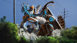  1other abdomen_tail amputee antennae battle blood blue_blood blue_sky blurry blurry_foreground bug building city cockroach compound_eyes day drill_hand english_commentary extra_arms fangs fighting_stance giant giant_insect giant_monster godzilla_(series) horns jet_jaguar joints kaiju ldn-rdnt megalon no_humans outdoors pacific_rim photoshop_(medium) power_lines redesign ripping robot robot_joints science_fiction sharp_teeth single_horn sky smoke sparks spiked_tail tail teeth thrusters utility_pole 