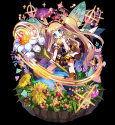  arthropod_girl bee_girl black_background blue_eyes blush boots brown_boots brown_hair child dragonfly_wings dress flat_chest flower flying full_body glowing hairband highres holding holding_staff insect_wings leaf licking_own_finger long_hair merc_storia merc_storia_art_team motion_lines official_art puffy_short_sleeves puffy_sleeves ruche_(merc_storia) short_dress short_sleeves simple_background solo staff standing tachi-e tareme twintails very_long_hair water white_dress wings yellow_flower 