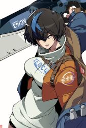  1girl absurdres bike_shorts black_hair black_shorts black_thighhighs blue_jacket breasts closed_mouth cropped_jacket guilty_gear guilty_gear_strive hair_over_one_eye hatotheman highres holding holding_weapon jacket large_breasts looking_at_viewer orange_jacket red_eyes short_hair shorts simple_background skindentation solo sweater thigh-highs turtleneck turtleneck_sweater unika_(guilty_gear) weapon white_background white_sweater 