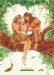  1boy 1girl absurdres animification bare_shoulders barefoot brown_hair commentary_request dark-skinned_male dark_skin flower hair_flower hair_ornament highres jane_porter jungle long_hair mizala muscular muscular_male nature smile tarzan_(disney_character) tarzan_(disney_movie) 