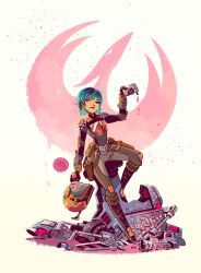  1girl absurdres armor artist_logo bag black_gloves blue_hair blush breastplate closed_mouth colored_tips commentary dripping english_commentary full_body gloves green_hair helmet highres holding holding_unworn_helmet holster junk knee_pads legs logo mandalorian mandalorian_armor mandalorian_helmet mikemaihack multicolored_armor multicolored_hair radio_antenna sabine_wren shoulder_armor sitting sitting_on_object spray_paint star_wars starbird_(symbol) thigh_holster unworn_headwear unworn_helmet white_background 