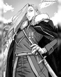  1girl amestris_military_uniform clouds coat coat_on_shoulders commentary cowboy_shot fullmetal_alchemist fur-trimmed_coat fur_trim gloves greyscale hand_on_own_hip hatching_(texture) highres instagram_username long_hair medal military_uniform monochrome olivier_mira_armstrong parted_lips pillarboxed seveninks sheath sheathed sky solo sword weapon 