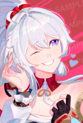  1girl ;d ahoge blue_eyes collar commentary detached_sleeves english_commentary fingerless_gloves gloves high_ponytail honkai_(series) honkai_impact_3rd kiana_kaslana kiana_kaslana_(ba-dum!_fiery_wishing_star) long_hair mscheckacheck nail_polish one_eye_closed pink_pupils ponytail ribbon smile snake_print sparkling_eyes white_hair 