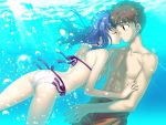  1boy 1girl bikini blue_hair brown_eyes brown_hair bubble couple emiya_shirou fate/hollow_ataraxia fate/stay_night fate_(series) female_swimwear game_cg kiss male_swimwear matou_sakura side-tie_bikini swim_trunks swimsuit takeuchi_takashi underwater water 