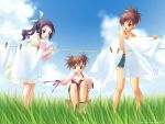  3girls bubble clothes_pin clothesline grass highres laundry multiple_girls wallpaper wind 