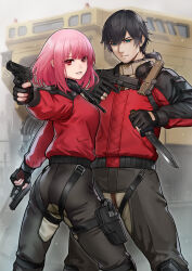 1boy 1girl akimbo black_gloves black_hair black_jacket black_pants blue_eyes combat_knife commander_(girls'_frontline) commentary_request dual_wielding elmo_(vehicle) female_commander_(girls'_frontline) girls'_frontline_2:_exilium girls_frontline glock glock_17 gloves gun handgun highres hiyashiru holding holding_gun holding_knife holding_weapon holster jacket knife long_sleeves makarov_pm medium_hair multicolored_jacket pants partially_fingerless_gloves pink_hair ponytail red_eyes red_jacket reverse_grip short_ponytail smile thigh_holster two-tone_jacket weapon