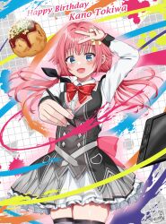  1girl :d absurdres arm_up back_bow belt black_bow black_dress black_thighhighs blue_eyes blush bow bowtie breasts buttons center_frills character_name commentary_request cowboy_shot dango diamond_button double-breasted dress eyelashes fingernails floating_hair food frilled_shirt frilled_skirt frills fudao_illust grey_belt grey_skirt hair_between_eyes hair_bow hair_intakes hamidashi_creative happy happy_birthday highres holding holding_pen huge_bow large_breasts long_hair long_sleeves looking_at_viewer low_twintails miniskirt open_mouth outstretched_arm pen pink_bow pink_hair pleated_skirt red_bow red_bowtie school_uniform shirt signature simple_background skirt sleeveless sleeveless_dress smile solo thigh-highs tokiwa_kano twintails two-tone_skirt v v_over_head wagashi white_shirt white_skirt yellow_bow zettai_ryouiki 