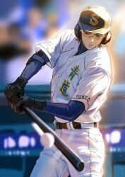  1boy ace_of_diamond baseball baseball_bat baseball_helmet belt black_belt black_gloves chinese_commentary commentary_request compression_shirt gloves goggles helmet highres holding holding_baseball_bat layered_sleeves long_sleeves male_focus miyuki_kazuya momoyoru1 pants shirt shirt_tucked_in short_over_long_sleeves short_sleeves solo standing white_pants white_shirt 