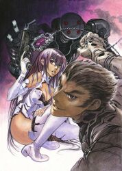  1boy 1girl armor armored_dress bare_shoulders boots bra breasts brown_hair chain cleavage_cutout clenched_hand clothing_cutout cover cover_page dai_yagashira dress gem gradient_background gradient_hair grin gun handgun highres holding holding_gun holding_weapon joints lace lace-trimmed_thighhighs lace_bra lace_trim leotard long_hair long_sideburns looking_at_viewer looking_to_the_side mechanical_arms multicolored_hair neon_lights novel_cover novel_illustration official_art open_mouth purple_gem purple_hair robot robot_joints science_fiction sideburns smile smirk thigh-highs thighs treasure_hunter_yagashiradai_file underwear v-shaped_eyebrows weapon white_boots white_leotard yonemura_kouichirou yuki_dazai 