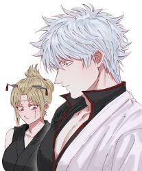  1boy 1girl blonde_hair blush ena33333333 from_side gintama girl_staring_at_guy's_chest_(meme) hashtag-only_commentary highres japanese_clothes kimono large_pectorals looking_at_another looking_at_breasts looking_at_pectorals meme muscular muscular_male pectoral_focus pectorals sakata_gintoki scar tsukuyo_(gintama) white_hair 