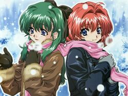  2girls :d antenna_hair back-to-back blue_eyes blush bow coat duplicate gloves green_hair hair_bow hair_intakes kimishima_ikutomo long_hair miyafuji_miina multiple_girls official_art onegai_twins onodera_karen open_mouth outdoors red_hair scarf shared_scarf short_hair smile snow snowing wallpaper 