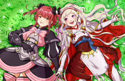  2girls :d alternate_costume alternate_hairstyle black_dress blonde_hair bow commentary cosplay costume_switch dress elise_(fire_emblem) elise_(fire_emblem)_(cosplay) english_commentary fire_emblem fire_emblem_fates hair_bow hairband holding_hands japanese_clothes lying multiple_girls on_back on_grass open_mouth pink_eyes pink_hair sakura_(fire_emblem) sakura_(fire_emblem)_(cosplay) smile tofucakes two_side_up violet_eyes yuri 