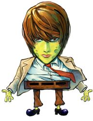  1boy black_shoes brown_hair brown_jacket brown_pants collared_shirt colored_skin death_note findoworld freckles fusion jacket long_sleeves looking_at_viewer male_focus necktie pants pink_lips red_necktie shirt shoes short_hair solo spongebob_squarepants spongebob_squarepants_(series) suit_jacket white_background white_shirt yagami_light yellow_skin 