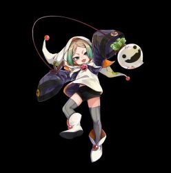  1boy :3 black_background black_shorts boots branch daikon full_body green_hair grey_hair grey_thighhighs highres holding holding_branch hood hood_up hooded_shirt long_sleeves merc_storia merc_storia_art_team official_art open_mouth parted_bangs radish rope short_shorts shorts sidelocks simple_background sleeves_past_wrists smile solo standing striped_clothes striped_thighhighs tachi-e thigh-highs tsurime turnip_(merc_storia) v-shaped_eyebrows white_boots 