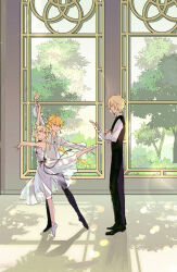  1girl 2boys adjusting_sleeves aether_(genshin_impact) arched_window arms_up ballet ballet_slippers bare_shoulders behind_another black_pants black_vest blonde_hair braid dainsleif_(genshin_impact) dancing dappled_sunlight dress dress_shirt facing_another facing_to_the_side forest formal_clothes genshin_impact highres indoors lattice leg_up lumine_(genshin_impact) multiple_boys nature outstretched_arms pants partially_unbuttoned ponytail reflective_floor see-through_clothes see-through_dress see-through_dress_layer shirt sidelocks single_braid sunlight tiptoes tree tremeo1 turning_head vest waistcoat waltz_(dance) white_dress white_shirt window yellow_eyes 