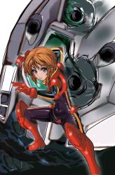  1girl black_bodysuit blue_eyes bodysuit boots crotch_plate fighting_stance g_gundam gloves gm_(mobile_suit) gundam gundam_zz highres huo_ji_wu looking_at_viewer mobile_suit oekaki orange_hair puru_two red_boots red_gloves short_hair solo 