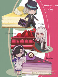  3girls :| amanatsu_(amanatu5069) apron ascot black_boots black_coat black_hat black_pants black_pantyhose black_ribbon black_shirt black_shoes blanket blue_bow boater_hat boots bow cake cake_slice character_name chibi closed_mouth coat dress english_text flower food fruit green_background green_skirt grey_eyes grey_hair hair_bun hair_over_one_eye handprint hat hat_bow highres holding holding_blanket holding_knife holding_suitcase knife lemon lemon_slice long_dress long_hair maid_headdress multiple_girls neck_flower neck_ribbon neckerchief one_eye_covered oversized_food oversized_object pants pantyhose purple_dress purple_flower raspberry red_background red_eyes reverse:1999 ribbon semmelweis_(reverse:1999) shirt shoes single_side_bun sitting skirt skull smile suitcase swaddled tuesday_(reverse:1999) two-tone_background vertin_(reverse:1999) violet_eyes walking white_apron white_ascot white_hair white_neckerchief 