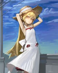  1girl absurdres apron apron_flip armpits arms_up back_bow bare_arms blonde_hair blue_sky blush_stickers bow bow_apron bracelet closed_mouth clouds collarbone cowboy_shot day expressionless flat_chest from_side hair_between_eyes hair_flaps halterneck hands_on_headwear hat hat_ribbon highres jewelry long_apron long_hair looking_at_viewer mieze050414 monogatari_(series) nose oshino_shinobu outdoors pointy_ears power_lines red_skirt ribbon sidelocks skirt sky solo straw_hat twitter_username utility_pole very_long_hair waist_bow white_apron white_bow white_ribbon wind yellow_eyes 