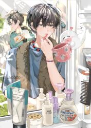  2boys bathroom bead_necklace beads black_hair blue_shirt bottle brushing_teeth closed_mouth commentary_request cup ear_piercing ghost grey_eyes hair_between_eyes hair_brush heart highres holding holding_cup holding_toothbrush jewelry looking_at_mirror male_focus mirror mug multiple_boys necklace original piercing sahi00000 shirt short_hair short_sleeves soap soap_bottle solo_focus spray_bottle toothbrush 