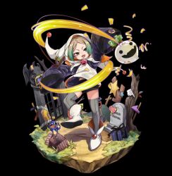  1boy :3 bare_tree black_background black_shorts boots branch daikon full_body grave green_hair grey_hair grey_thighhighs highres holding holding_branch hood hood_up hooded_shirt jack-in-the-box long_sleeves merc_storia merc_storia_art_team motion_lines official_art open_mouth parted_bangs radish rope short_shorts shorts sidelocks simple_background sleeves_past_wrists smile solo standing striped_clothes striped_thighhighs tachi-e thigh-highs tree tsurime turnip_(merc_storia) v-shaped_eyebrows white_boots 
