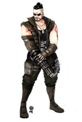  1boy alternate_skin_color arm_cannon arm_tattoo barret_wallace beard black_hair black_tank_top boots dog_tags facial_hair facing_viewer final_fantasy final_fantasy_vii fingerless_gloves frown full_body gloves hair_bun highres lightened_skin male_focus nikolas_draper-ivey pouch prosthetic_weapon short_hair smoke smoking_barrel solo standing sunglasses tank_top tattoo thigh_pouch vest weapon 