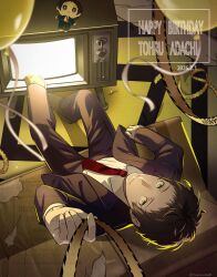  1boy absurdres adachi_tooru brown_hair character_doll character_name closed_mouth couch crt doll from_above frown grey_pants happy_birthday hashtag-only_commentary highres itsumiruka jacket layered_sleeves long_sleeves looking_at_viewer looking_up male_focus necktie open_clothes open_jacket pants persona persona_4 red_necktie shirt shoes short_hair solo streamers suit_jacket white_shirt 