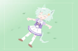  1girl :d animal_ears beer_hsk blush_stickers bow brown_shoes closed_eyes commentary_request fang flower grass grey_hair hair_flower hair_ornament hairclip horse_ears horse_girl horse_tail lying on_back on_grass outstretched_arms purple_bow purple_shirt school_uniform seiun_sky_(umamusume) shirt shoes skirt smile solo spread_arms tail thigh-highs tracen_school_uniform umamusume white_skirt white_thighhighs yellow_flower 