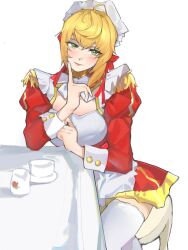  1girl adapted_costume ahoge apron blonde_hair blush bow bowtie buttoned_cuffs buttons chinese_commentary closed_mouth commentary_request cowboy_shot crossed_legs cup double-parted_bangs dress elbow_on_table epaulettes fate/extra fate_(series) finger_to_own_chin frilled_straps frills green_eyes hair_ribbon hand_on_table head_tilt highres juliet_sleeves lipstick long_sleeves looking_at_viewer maid maid_apron maid_headdress makeup nero_claudius_(fate) nero_claudius_(fate/extra) oldlowfive on_stool pink_lips puffy_sleeves red_dress red_ribbon ribbon sauce short_dress simple_background sitting solo stool surgeon_cuffs table teacup thigh-highs white_apron white_background white_bow white_bowtie white_thighhighs yellow_trim zettai_ryouiki 