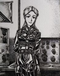  1girl absurdres belt_around_waist belt_buckle black_bodysuit black_gloves black_jacket bodysuit bordfunker133 buckle cargo_pants check_clothing clothing_request cross friedrich_rumpelhardt full-length_zipper genderswap genderswap_(mtf) gloves greyscale hand_on_own_arm highres indoors iron_cross jacket leather_belt long_hair luftwaffe military military_uniform monochrome narrowed_eyes nazi nazi_party_pin original pants photo_(medium) real_life reichsadler rumpelhardt-chan_(bordfunker133) smile solo swastika world_war_ii zipper 