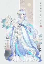 1girl absurdres alternate_costume alternate_hairstyle artist_name blue_hair blunt_bangs chinese_clothes chinese_text closed_mouth commentary_request dress duijin_ruqun earrings english_text flower full_body full_moon genshin_impact grey_eyes grey_hair hagoromo hair_flower hair_ornament hanfu highres holding ink_wash_painting jewelry kamisato_ayaka long_hair long_sleeves looking_at_viewer low-tied_sidelocks miaowa_lilizi mixed-language_text mole mole_under_eye moon necklace paintbrush peony_(flower) plant ribbon sash scroll shawl sidelocks smile solo standing tassel tiara vase very_long_hair watermark white_flower wide_sleeves yaopei 