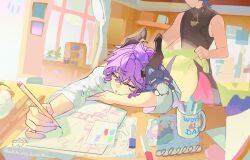  2boys blanket closed_eyes closed_mouth covering_with_blanket dragon_boy dragon_horns dragon_wings durin_(genshin_impact) genshin_impact highres holding holding_pencil horns male_focus marker multiple_boys paper pencil purple_hair rattattack scaramouche_(cat)_(genshin_impact) scaramouche_(genshin_impact) sleeping sleeveless stuffed_toy venti_(genshin_impact) wanderer_(genshin_impact) watermark window wings 