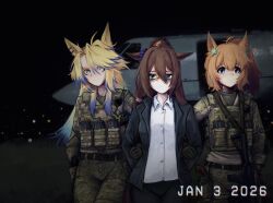  3girls :/ absurdres aircraft airplane american_flag animal_ears archirai black_gloves black_jacket blonde_hair blue_eyes blue_hair blue_scrunchie brown_hair bulletproof_vest camouflage camouflage_jacket camouflage_pants closed_mouth collared_shirt commentary cosplay domino_mask dress_shirt ear_scrunchie ears_down el_condor_pasa_(umamusume) english_commentary eye_mask frown gloves gradient_hair hair_ornament highres horse_ears horse_girl jacket long_hair mask military_uniform multicolored_hair multiple_girls nicolas_maduro nicolas_maduro_(cosplay) obey_your_master_(umamusume) open_clothes open_jacket orange_hair pants ponytail real_life scrunchie shirt smile star-shaped_pupils star_(symbol) star_hair_ornament suit symbol-shaped_pupils taiki_shuttle_(umamusume) umamusume umamusume:_cinderella_gray united_states_army white_shirt 