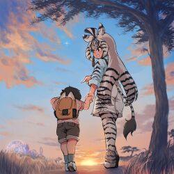  1boy 1girl animal_ears animal_print bag black_hair brown_eyes chapman's_zebra_(kemono_friends) extra_ears highres kemono_friends long_hair mcgunngu outdoors pantyhose shirt shoes short_hair shorts socks tail twilight zebra_ears zebra_girl zebra_print zebra_tail 