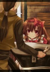  1boy 1girl alternate_costume alternate_hairstyle black_hair bow brown_hair closed_mouth dress from_behind hair_bow hermes_(kino_no_tabi) holding holding_wrench kino_(kino_no_tabi) kino_no_tabi kirise light_blush motor_vehicle motorcycle ponytail red_eyes revision smile spoilers tools wrench 