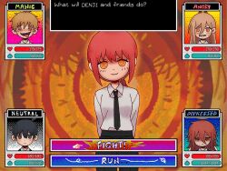  2girls 3boys angel_devil_(chainsaw_man) black_eyes black_hair black_pants blonde_hair braid brown_eyes brown_hair chainsaw_man collared_shirt denji_(chainsaw_man) double-parted_bangs ear_piercing english_text hair_between_eyes hayakawa_aki horns long_hair long_sleeves makima_(chainsaw_man) multiple_boys multiple_girls omocat_(style) omori open_mouth pants piercing power_(chainsaw_man) red_hair ringed_eyes sharp_teeth shirt short_hair sidelocks single_braid smile teeth ten_1004_shi tongue tongue_out white_shirt 