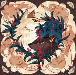  animal animal_focus berry bird blue_eyes border commentary crescent_moon dripping english_commentary heart highres kitty_(fernwhisker) leaf moon mouth_hold no_humans original red_moon signature wolf yellow_eyes 