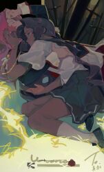  0nel606 2girls absurdres bindi black_hair black_shoes closed_eyes commentary dark-skinned_female dark_skin flower green_eyes green_skirt highres himemiya_anthy long_hair looking_at_another lying multiple_girls on_side ootori_gakuen_school_uniform pink_hair puffy_short_sleeves puffy_sleeves red_flower red_rose rose school_uniform shirt shoes short_sleeves shoujo_kakumei_utena skirt socks tenjou_utena white_shirt white_socks 