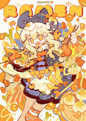  1girl artist_name black_bow blonde_hair blush bow bowl capelet chopsticks cowboy_shot dot_nose dress egg food fur_trim hair_between_eyes hair_bow hair_ornament hairpin highres holding holding_chopsticks long_sleeves looking_at_viewer noodles open_mouth orange_eyes original ramen renzhi00334233 shrimp shrimp_hair_ornament sliced_egg solo yellow_theme 