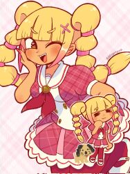  1girl =_= blonde_hair brown_eyes buttons chibi chibi_inset closed_mouth commentary corrupted_twitter_file crystal_(tomodachi_life:_living_the_dream) dark-skinned_female dark_skin dog english_commentary fang fangs gradient_hair gyaru hair_ornament hand_on_own_cheek hand_on_own_face highres light_blush multi-tied_hair multicolored_hair neckerchief one_eye_closed open_mouth outline patterned_background pink_hair pink_nails pink_scrunchie pink_shirt pink_skirt plaid_clothes plaid_shirt red_neckerchief red_thighhighs sailor_collar sandals scrunchie shirt signature skin_fang skirt sofo_soup sparkling_eyes thigh-highs tomodachi_life tomodachi_life:_living_the_dream twintails white_outline white_sailor_collar white_sandals x_hair_ornament 